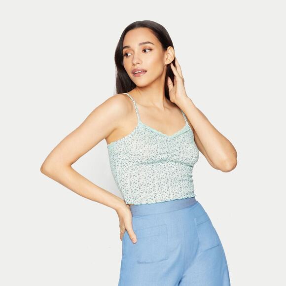 BCBGeneration Women Teal Floral Print Knit Elsa Cropped Camisole Top Size M - Picture 2 of 4